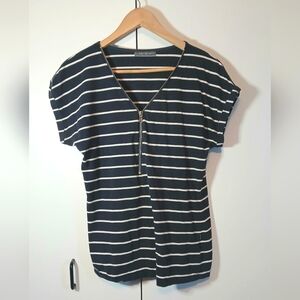 Suzy Shier Navy & White Striped Zip Front Top | Size Large